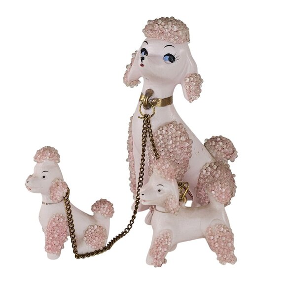 Vintage Lefton Ceramic Poodle Family Beaded Accents Chain Leash KB3458
